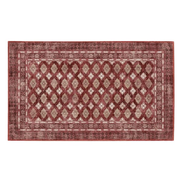 Elara Rouge Red 3 ft. x 5 ft. Bordered Floral Machine Washable Non-Slip Area Rug
