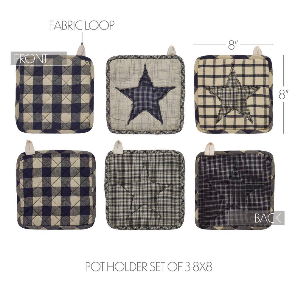 Navy and Tan Patchwork Cotton Pot Holder Set of 3