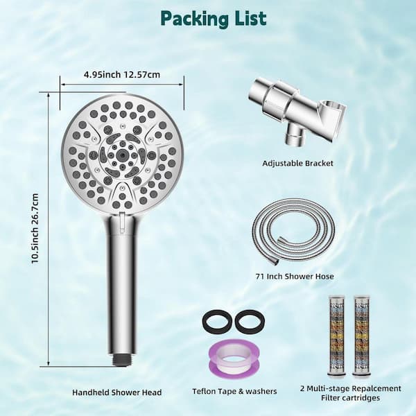 High Pressure 10-Mode Handheld Shower Head – 60" Hose, Adjustable Bracket, Anti-Clog Nozzles, Chrome