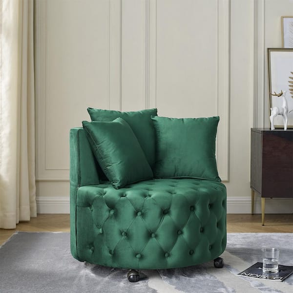 Axel Green Modern Upholstered Velvet Swivel Accent Chair with Button Tufting, Wheels, Pillows