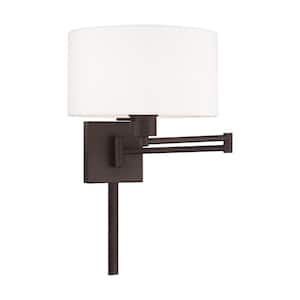 Atwood 1-Light Bronze Plug-In/Hardwired Swing Arm Wall Lamp with Off-White Fabric Shade