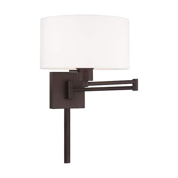 AVIANCE LIGHTING Atwood 1-Light Bronze Plug-In/Hardwired Swing Arm Wall Lamp with Off-White Fabric Shade