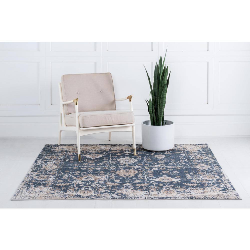 Modern Blue Square Indoor Easy-Care Stain-Resistant Rug