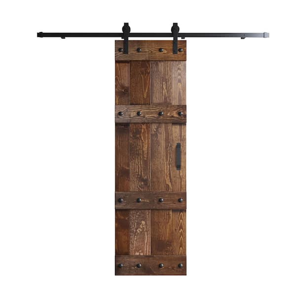 COAST SEQUOIA INC Castle Series 24 in. x 84 in. Dark Walnut DIY Knotty Pine Wood Sliding Barn Door with Hardware Kit