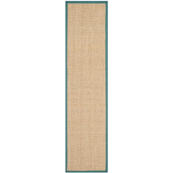 SAFAVIEH Natural Fiber 3 ft. x 16 ft. Natural/Light Blue Border Woven Runner Rug