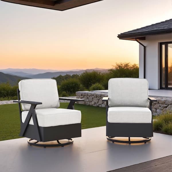 2-Piece All-Weather Aluminum Outdoor Rocking Chairs with Beige Cushions
