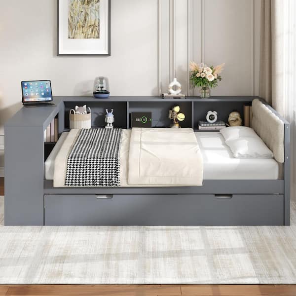 Gray Wood Frame Full Platform Bed with Storage Shelves, Trundle and Upholstered Headboard