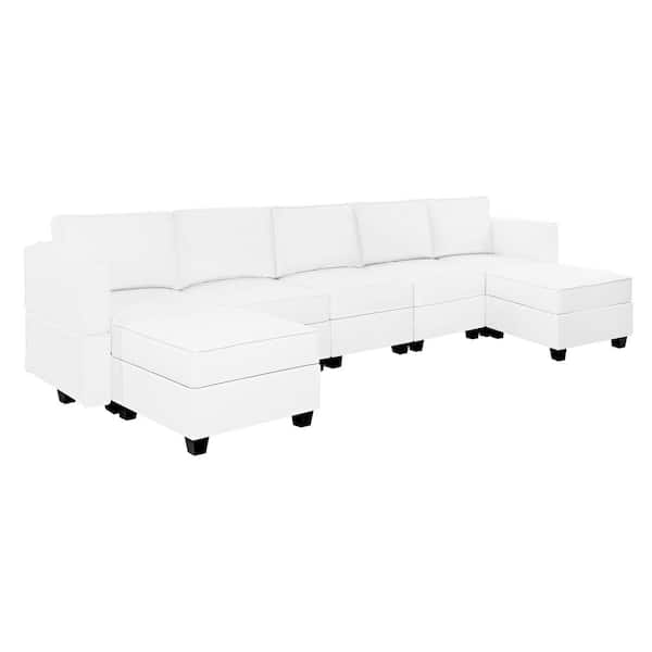 MAYKOOSH 138.59 in. W Faux Leather 5-Seater Contemporary Sectional Sofa with Double Ottoman for Streamlined Comfort in White