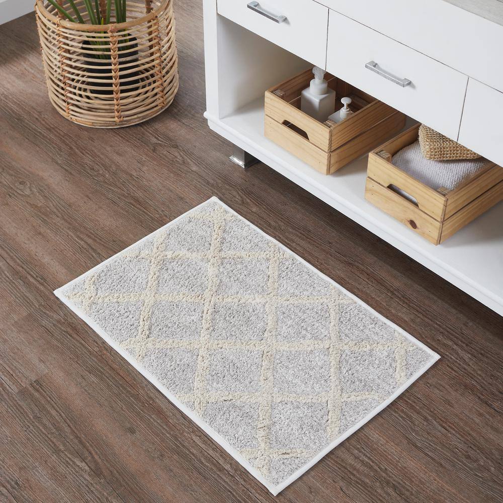 Oatmeal Tan Cotton Bath Mat with Geometric Pattern, 20x30