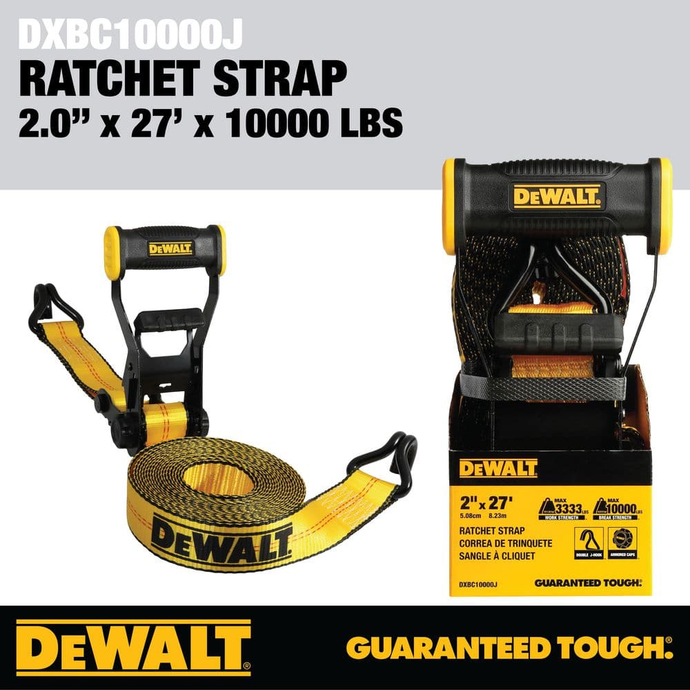 Heavy-Duty Black and Yellow 27 ft Ratchet Tie-Down Strap with J-Hooks