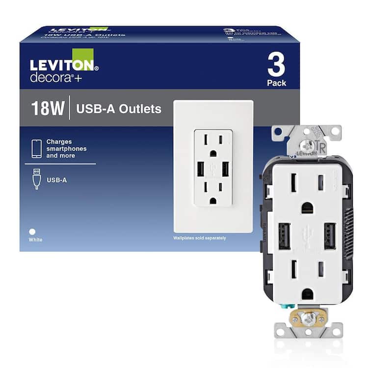Leviton 15 Amp Decora Combination Tamper Resistant Duplex Outlet and USB Charger, White (3-Pack) T5632-3BW