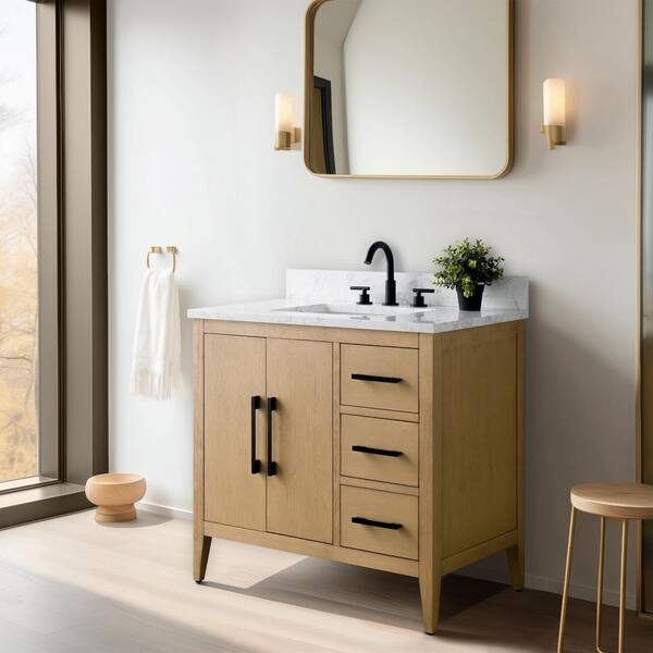 Vanity Art 36 in. W x 22 in. D x 34 in. H Single-Sink Bathroom Vanity in Natural Oak with Engineered Marble Top in Arabescato White Vanity Art 36 in. W x 22 in. D x 34 in. H Single-Sink Bathroom Vanity in Natural Oak with Engineered Marble Top in Arabescato White