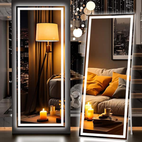 Hasipu 22 in. W x 67 in. H Square White LED Lighted Floor Standing Mirror, Full Body Dressing Mounted Mirror, Tempered Glass
