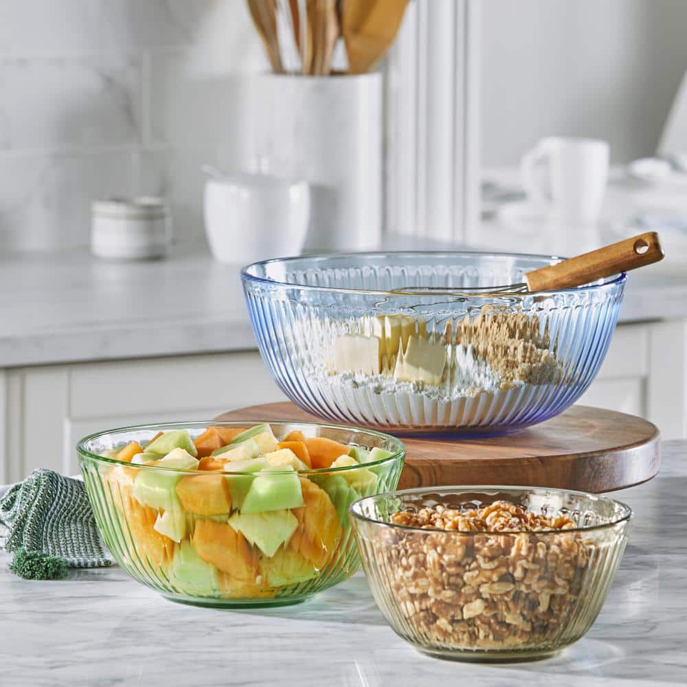 Tinted Glass Ridged Mixing Bowl Set with Lids, 6-Piece