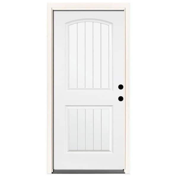Steves & Sons 36 in. x 80 in. Reliant Series 2-Panel Plank Left-Hand Inswing White Primed Fiberglass Prehung Front Door
