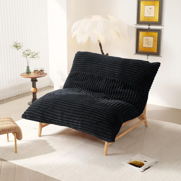Black Rabbit Hair Plush Fabric Solid Wood Recliner Chair With Bean Cushion