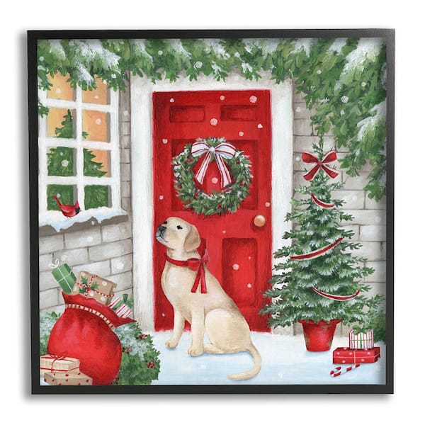 Stupell Industries Dog and Winter Holiday Doorway by Emma Leach 1-Piece Framed Graphic Print Animal Poster Art Print 24 in. x 24 in.