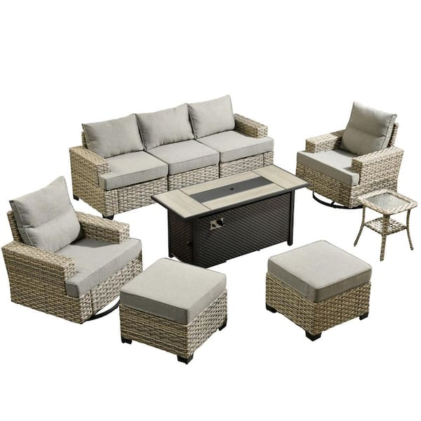 Kelleys 9-Piece Wicker Outdoor Patio Fire Pit Conversation Sofa Furniture Set with Swivel Chairs and Dark Grey Cushions