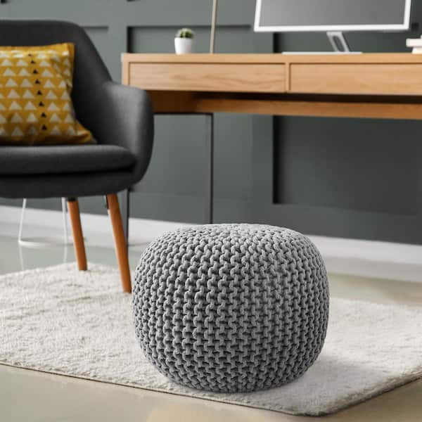 Casafield Light Gray Knit Cotton Round 20 in. x 20 in. x 14.5 in. Pouf Foot Stool