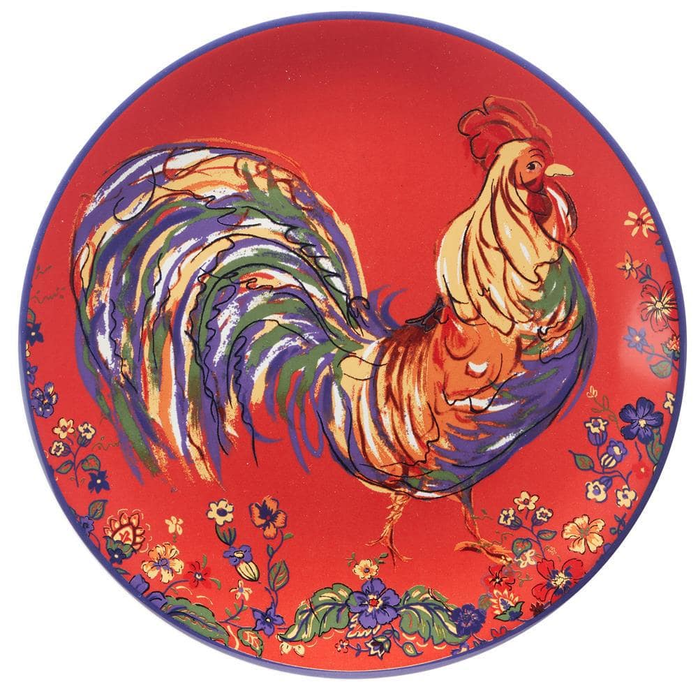 Vibrant Red Ceramic Rooster 9" Salad/Dessert Plates Set