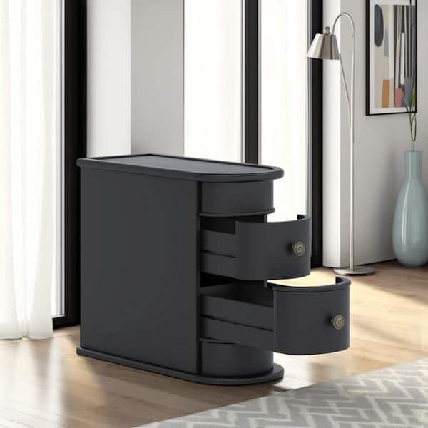 23.62 in. Black and Silver Oval Wooden End Table with Silver Metal Knobs and 2-Drawer