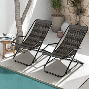 Armrest Footrests Rocking Metal Outdoor Lounge Chair in Grey Set of 2 Patio Folding Rattan Sling Lounge Chair Ottoman