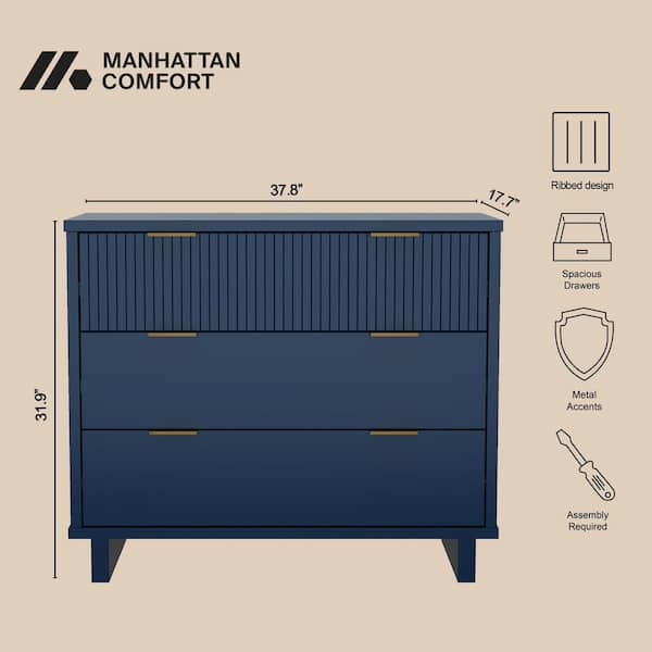 Manhattan Comfort Granville Modern Midnight Blue 3-Drawer 37.8 in