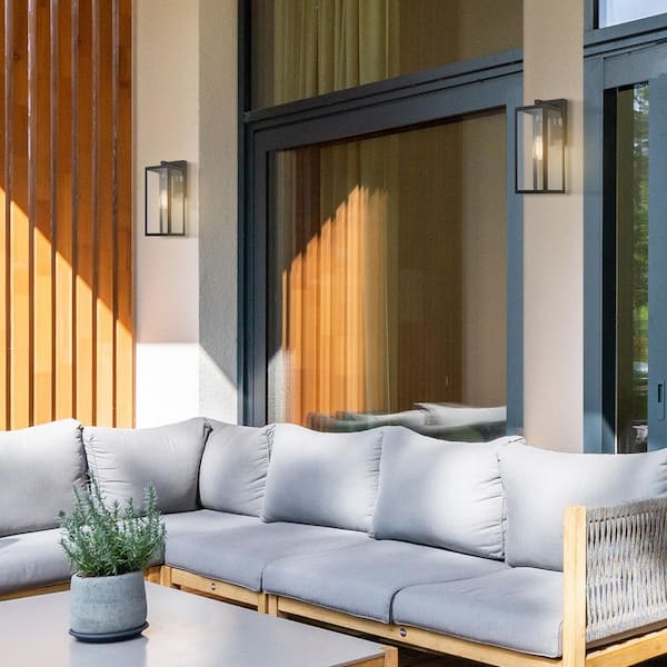 Hurley 16 in. 1-Light Modern Black Hardwired Outdoor Wall Light Lantern Sconce with Clear Glass Shade