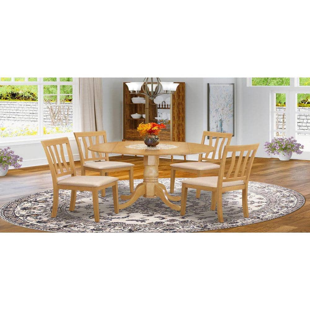 East West Furniture 5-Piece Round Natural Oak Finish Solid Wood