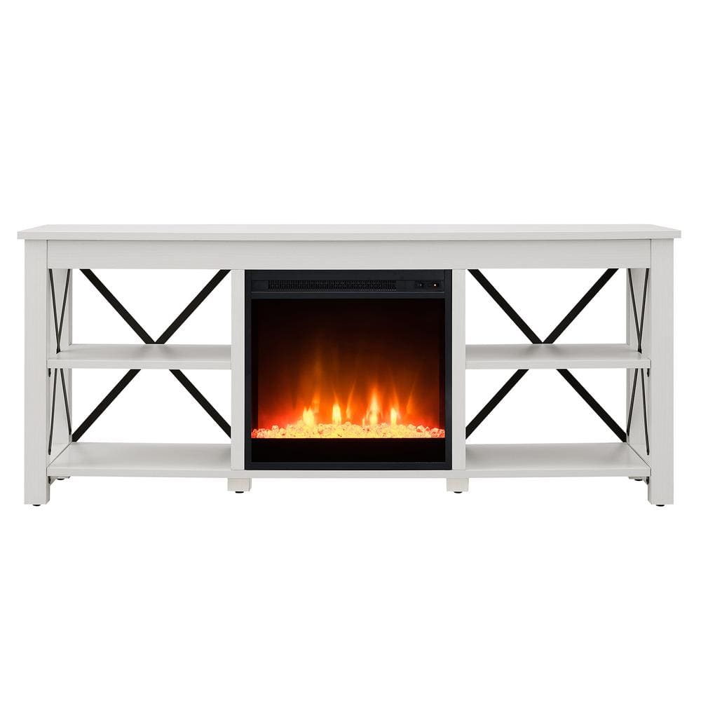 White Rectangular TV Stand with Crystal Fireplace Insert