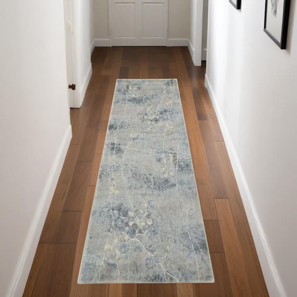2 X 8 Blue Floral Washable Area Rug Runner Rug