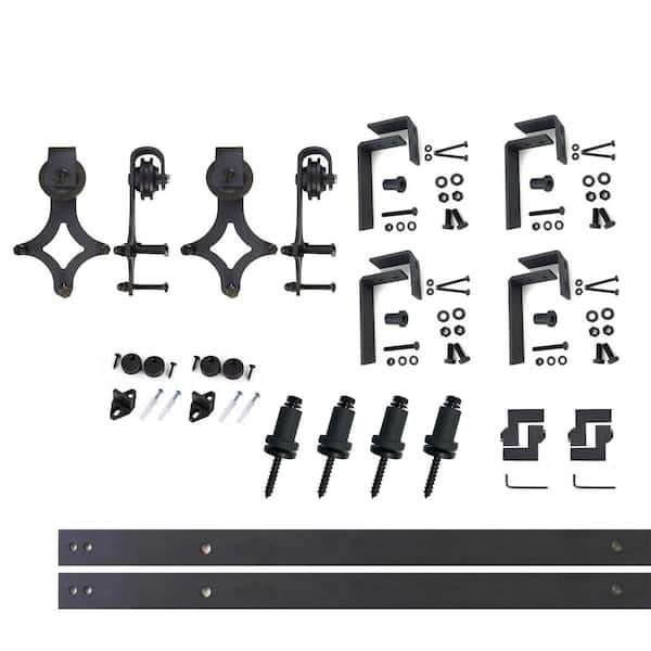 HOMACER 5 ft./60 in. Black Rustic Double Track Bypass U-Shape Sliding Barn Door Hardware Kit - Diamond Design Roller