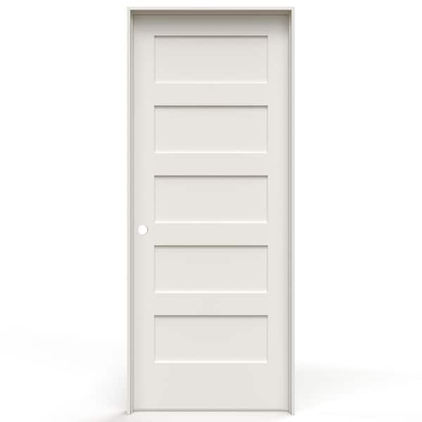 JELD-WEN 32 in. x 80 in. 5-Panel Shaker Right-Hand Primed White Solid Core Wood Single Prehung Interior Door w/ Bore Hole