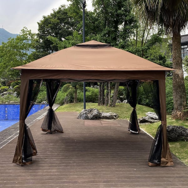 Unbranded 11 ft. x 11 ft. Outdoor Patio Metal Brown Pop Up Gazebo Canopy w/Removable Zipper Netting and 2-Tier Soft Top Event Tent