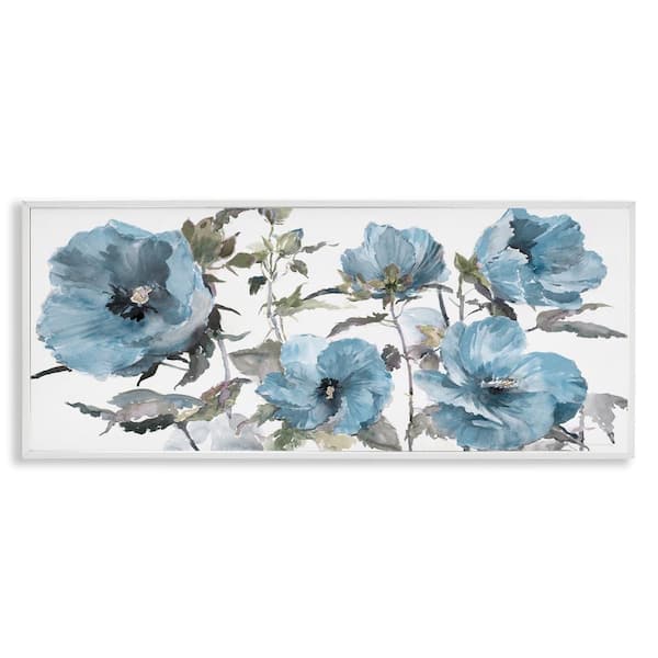 Blue Poppies on White by Theresa Heidel White Framed Nature Giclee Art Print 13 in. x 30 in.