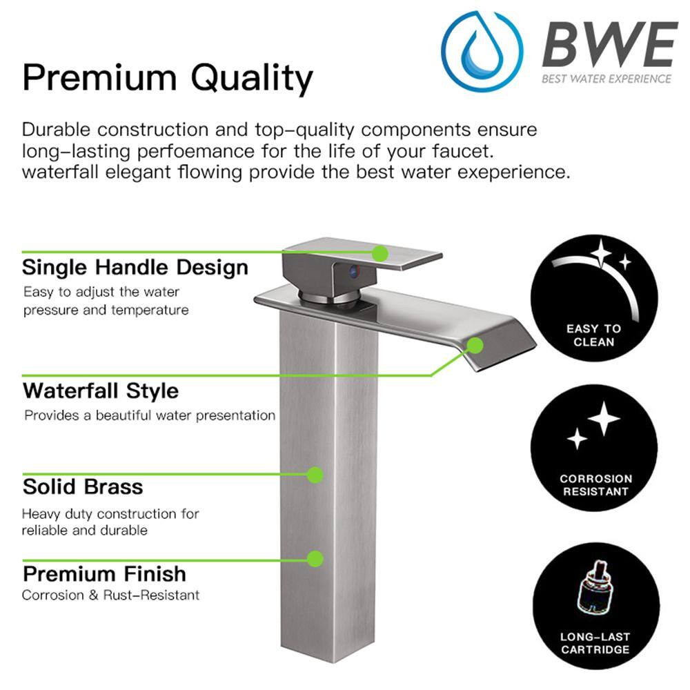 Brushed Nickel Waterfall Vessel Sink Faucet with Pop-Up Drain