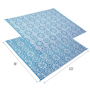 Boho Floral Reversible Mat Turquoise/White 8' x 10' Virgin Polypropylene Mat with UV Protection