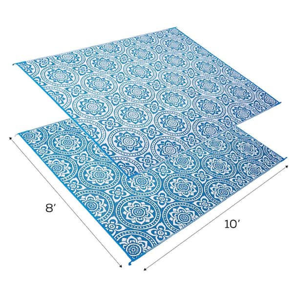Boho Floral Reversible Mat Turquoise/White 8' x 10' Virgin Polypropylene Mat with UV Protection