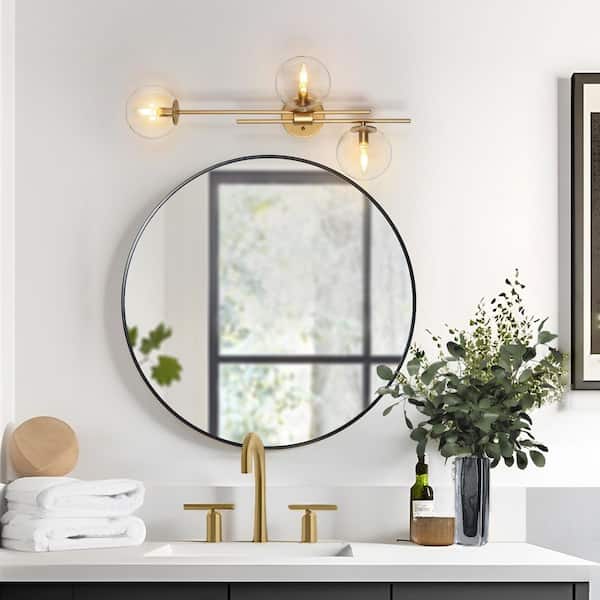 30 in. 3-Light Painted Gold Modern Bathroom Vanity Light Decorative Linear Foyer Wall Sconce with Clear Glass Globes