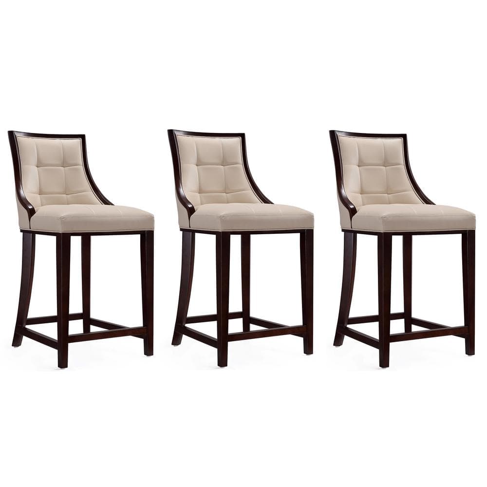 Cream Faux Leather and Dark Walnut Wood Counter Stools, Set of 3