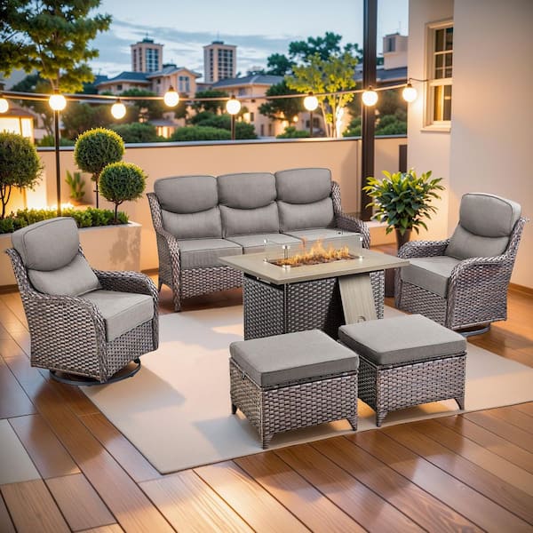 MoonLuxe Brown Wicker Fire Pit Conversation Set with Gray Olefin 6 in. Thick Cushions Patio Swivel Chairs (6-Piece)