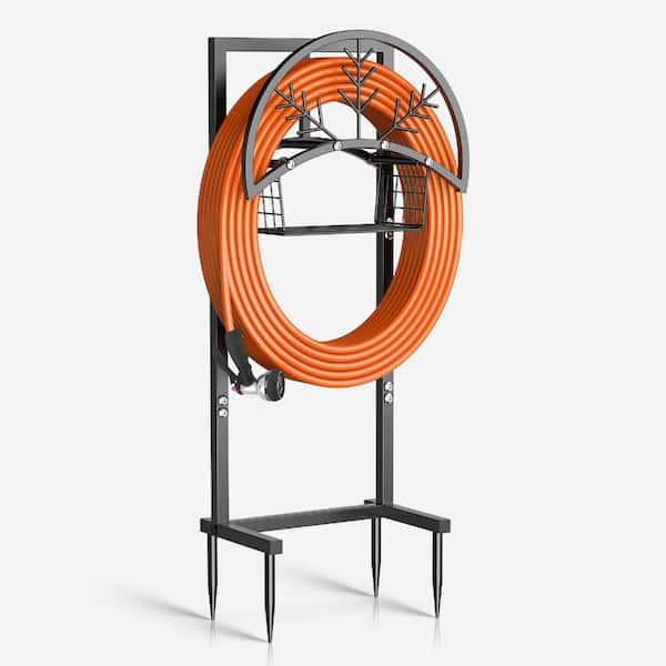 Heavy Duty Garden Hose Holder with Storage Basket, Freestanding Metal Hose Organizer for Up to 160 ft. Hose with 4 Ancho