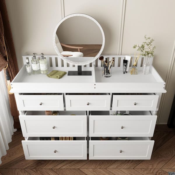 FUFU&GAGA White 7 Drawer 56.5 in. Wide Dresser with LED Mirror, Dimmable,  Built-in Organizer Tray, and Raised Edge Storage Shelf Z-330164-01+7 - The  Home Depot