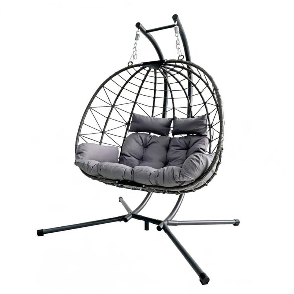 2-Person Outdoor Double Egg Chair with Stand & Cushion, Patio Swing Loveseat, Grey