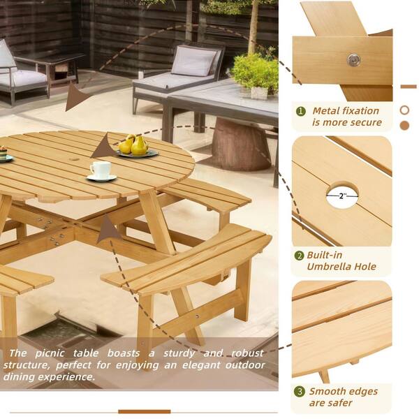 70 inch round patio table with umbrella hole 70 in. Natural Round Wood Picnic Tables Seats 8 People with Umbrella Hole  NPT-9764