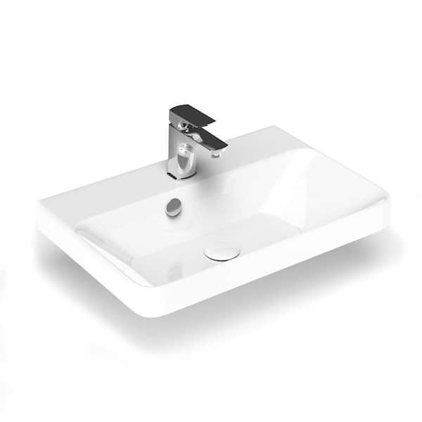 WS Bath Collections Luxury 55 WG Wall Mount or Drop-In Rectangular Bathroom Sink in Glossy White with Single Faucet Hole