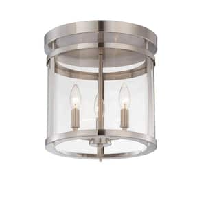 Penrose 12.5 in. W x 14 in. H 3-Light Satin Nickel Semi-Flush Mount Ceiling Light with Clear Glass Cylindrical Shade