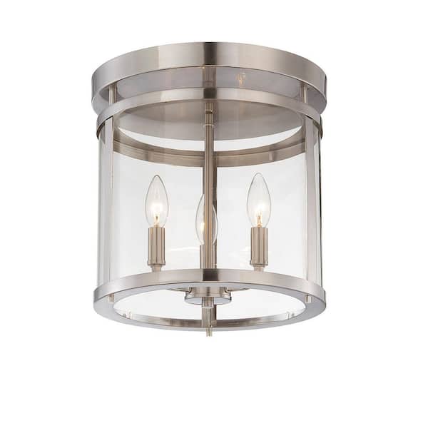 Savoy House Penrose 12.5 in. W x 14 in. H 3-Light Satin Nickel Semi-Flush Mount Ceiling Light with Clear Glass Cylindrical Shade