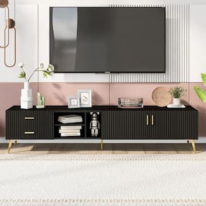 Modern Black TV Stand Fits TVs up to 77 in. with Champagne Legs, Storage Shelves, Drawers and Cabinets