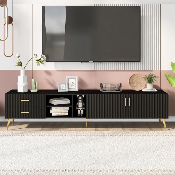 Harper & Bright Designs Modern Black TV Stand Fits TVs up to 77 in. with Champagne Legs, Storage Shelves, Drawers and Cabinets